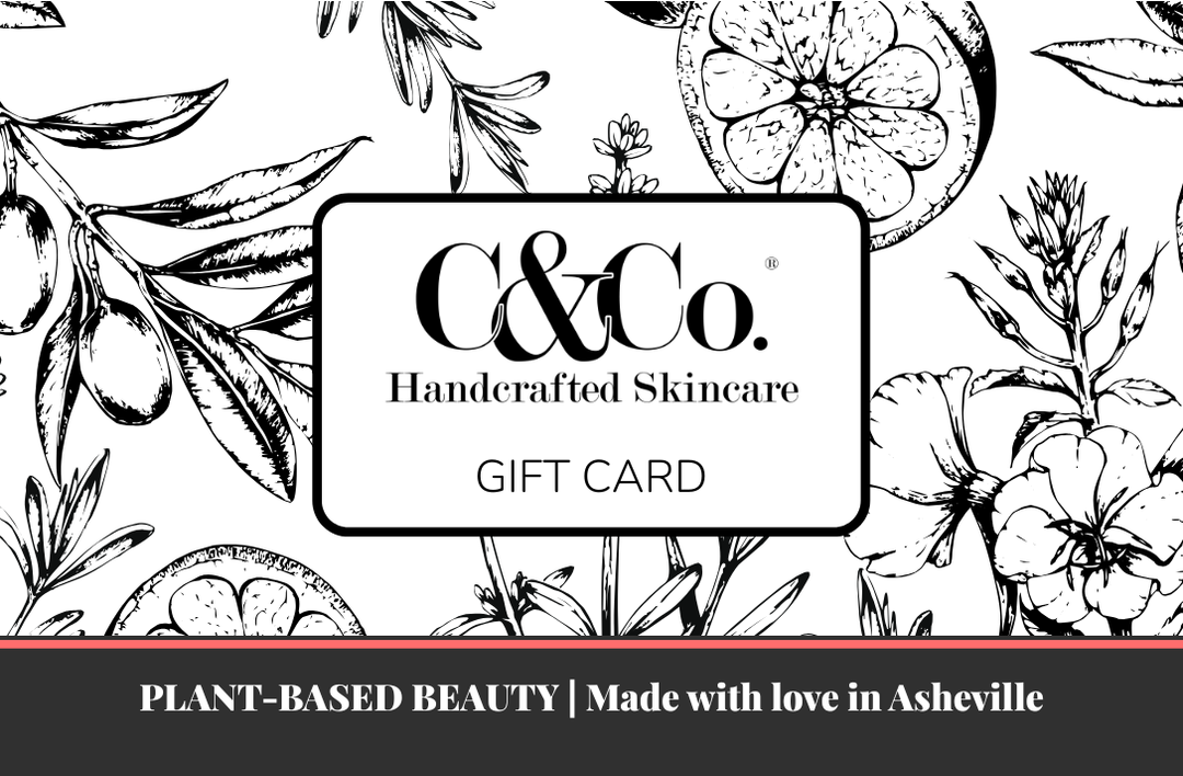 A C&Co. Handcrafted Skincare gift card design with black botanical illustrations on a white background and a dark gray banner at the bottom reading 'PLANT-BASED BEAUTY | Made with love in Asheville'.