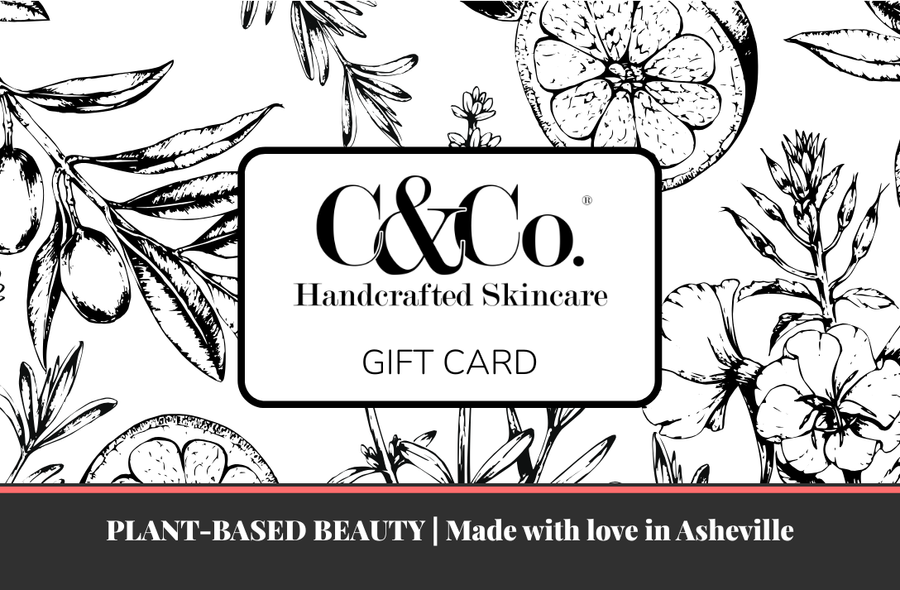 A C&Co. Handcrafted Skincare gift card design with black botanical illustrations on a white background and a dark gray banner at the bottom reading 'PLANT-BASED BEAUTY | Made with love in Asheville'.